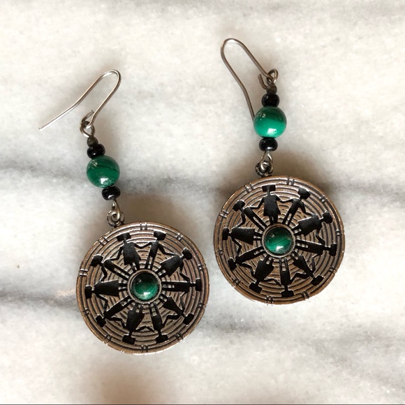 Silver tone earrings 3 pairs southwestern tribal  green brass copper accents - Picture 4 of 5